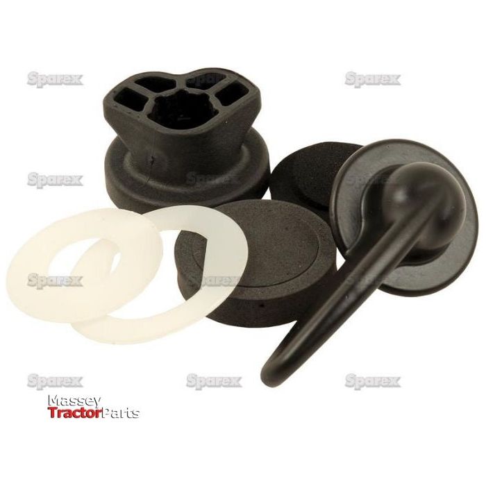 Image showing black tractor parts with white washers on a neutral background. Labeled "Sparex" with "Bonnet Fastener Kit | Sparex Part No.S.43950" visible in the corner.