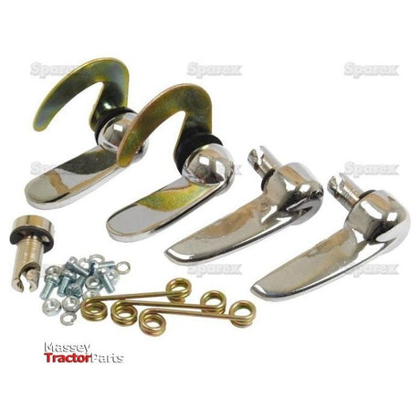 The image shows a Bonnet Catch Assembly (Sparex Part No. S.42835) by Sparex, along with handles, bolts, and screws, all neatly arranged on a plain background.