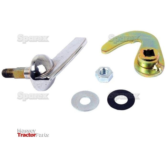 A Bonnet Handle Kit (Sparex Part No.S.59057) featuring a metal handle, bolt, nut, two washers, and a curved metal piece on a white background - essential components for Fiat models' bonnet catch.