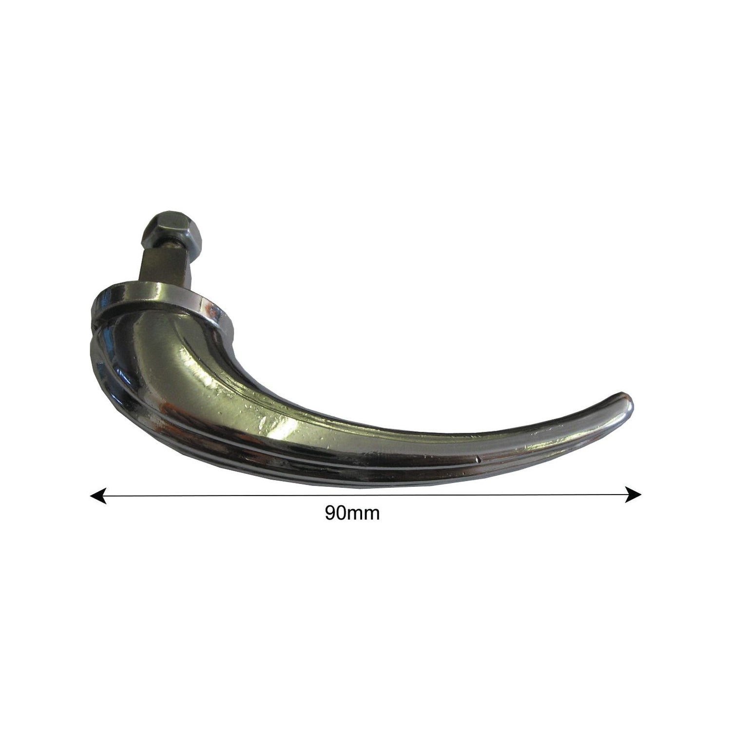 A curved, metal object with a 90mm length is depicted against a plain white background, the Bonnet Handle (Sparex Part No. S.67107), perfect for Ford/New Holland machinery.