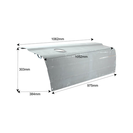 A metal sheet labeled for the Bonnet - LH (Sparex Part No. S.61486) features measurements of 1062mm in length, 1052mm width across the middle, 975mm width at the bottom, 303mm height, and 384mm diagonal width at the bottom corner—ideal for Ford New Holland Tractor Parts or as a Sparex Bonnet replacement.