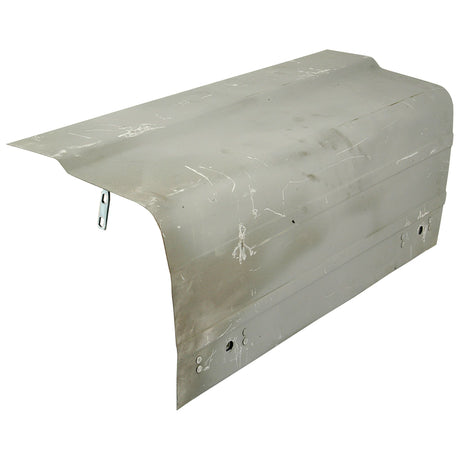 A rectangular sheet metal panel with scratches, dents, and small holes, featuring a bent corner and a metal bracket; it’s an ideal Sparex replacement for the Bonnet RH (Sparex Part No. S.60427) on Ford/New Holland 2000 models.