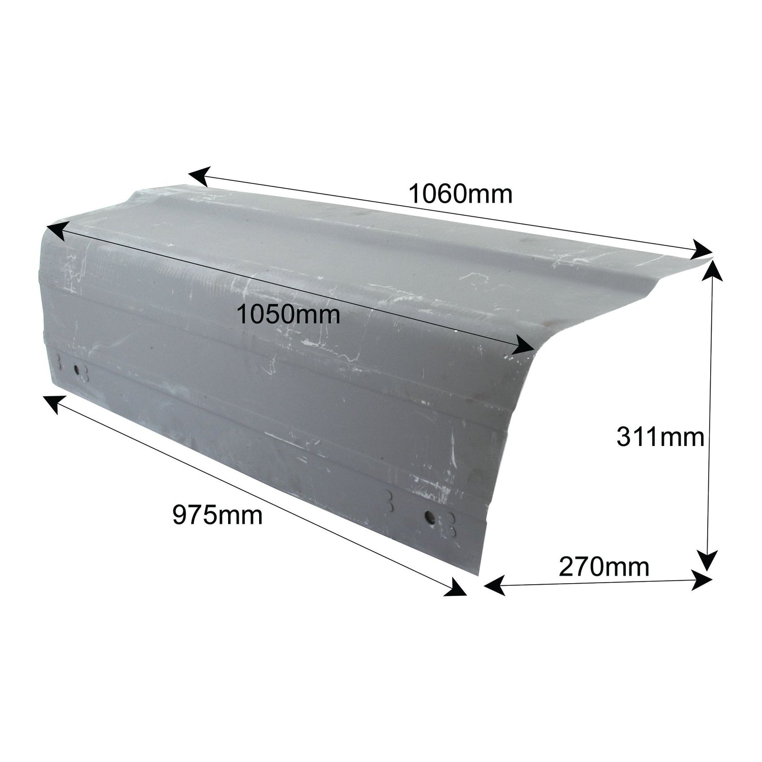 The Sparex Part No. S.60430 Bonnet - RH is an angled gray metal sheet designed specifically for Ford New Holland, featuring dimensions of 1060mm in length, a width ranging from 975mm to 1050mm, a height of 311mm, and a side length of 270mm.