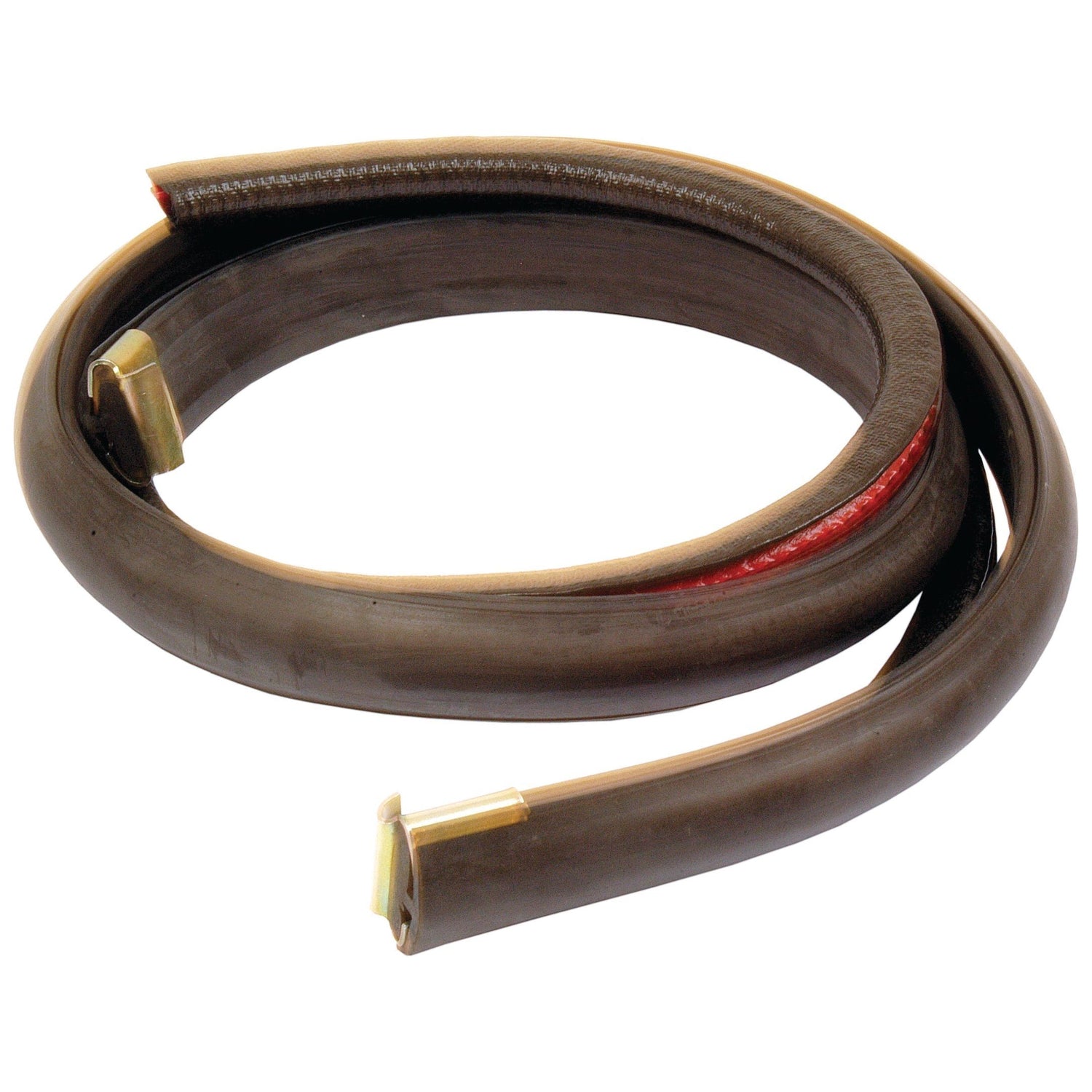 A coiled, flexible rubber strip with metallic fittings at both ends, perfect for use in the Sparex Bonnet Rubber Moulding Kit (Sparex Part No. S.73558) for Massey Ferguson.

