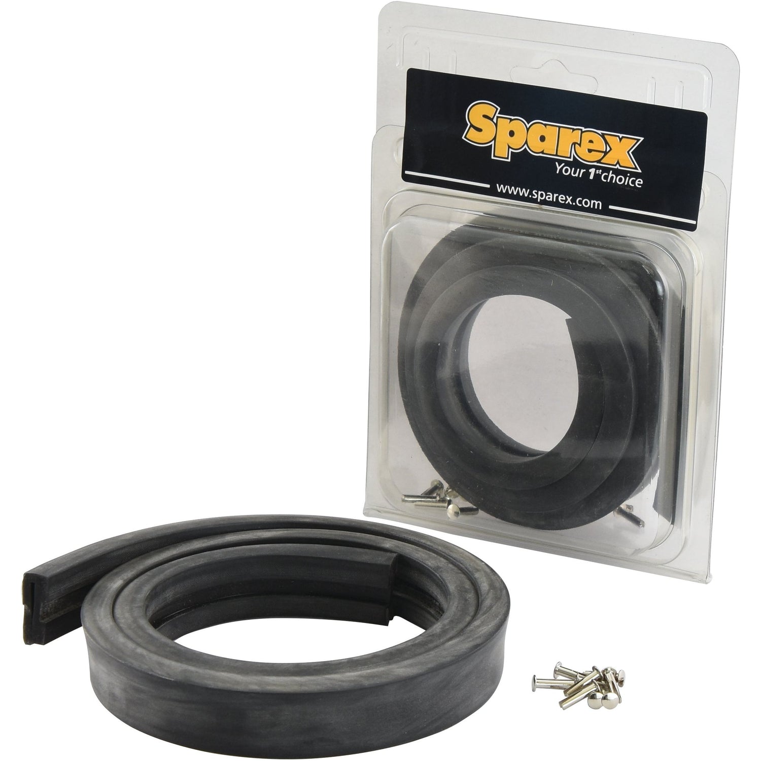 A packaged Sparex Bonnet Rubber & Rivet Set (Sparex Part No. S.43583) with screws, shown next to an unrolled rubber seal strip, perfect for your Massey Ferguson TE20.