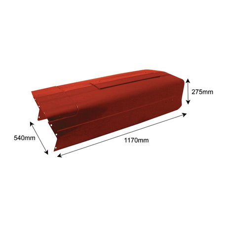 The Sparex Bonnet (Part No. S.42666) features a red metal housing measuring 1170mm in length, 540mm in width, and 275mm in height, with angled openings at one end. Perfect for integration as a spare part on your Massey Ferguson tractor's bonnet.