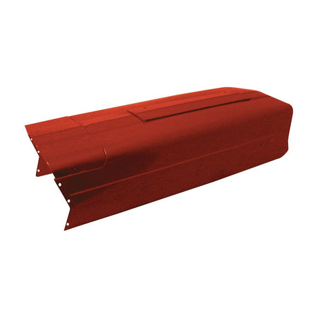A red metal casing with multiple holes and slots on one end, reminiscent of a Massey Ferguson bonnet, designed for mechanical or automotive purposes, branded as Bonnet | Sparex Part No.S.42666 by Sparex.