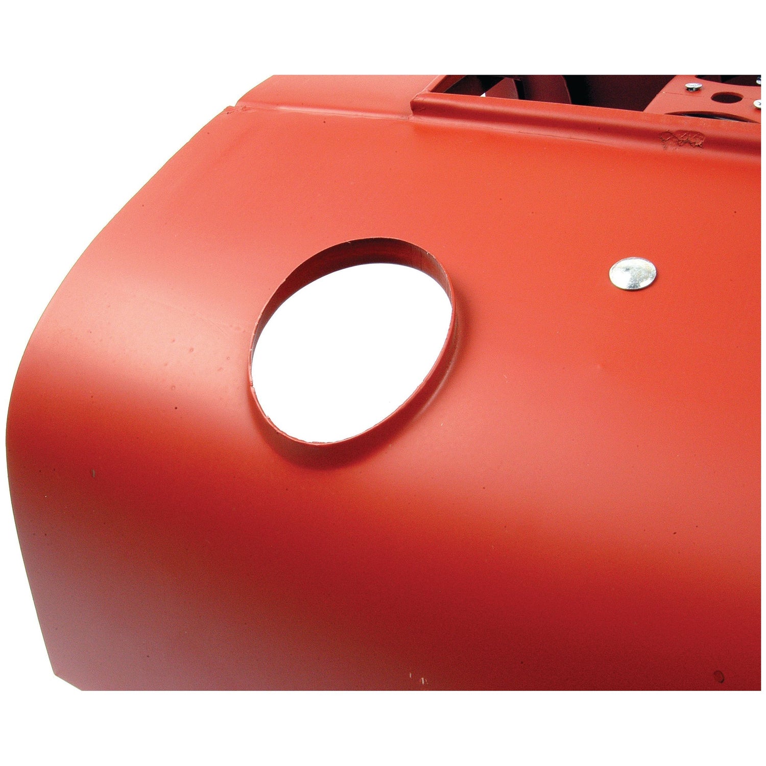 A close-up view of a Massey Ferguson Bonnet | Sparex Part No.S.43703, featuring an orange finish, a circular cutout, and a small round metal fastening bolt.