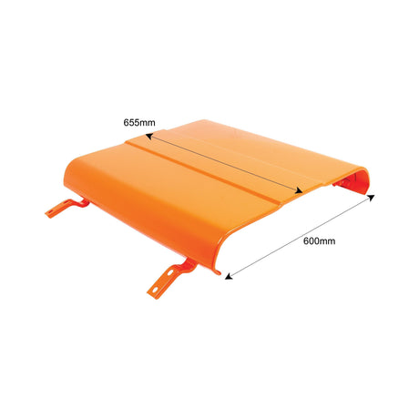 Introducing the *Bonnet | Sparex Part No.S.62463* by **Sparex**: an orange metal panel with a curved edge, measuring 655 mm in width and 600 mm in depth. This panel features mounting brackets on either side and is designed to complement the Fiat 640, ensuring a seamless fit with its included bonnet rubber.