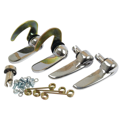 Assorted metal hardware, including four silver hooks, screws, nuts, and two metal pins with loops, displayed on a white background. Perfect for use in Sparex Massey Ferguson machinery or as a replacement for the Bonnet Catch Assembly | Sparex Part No.S.42835.