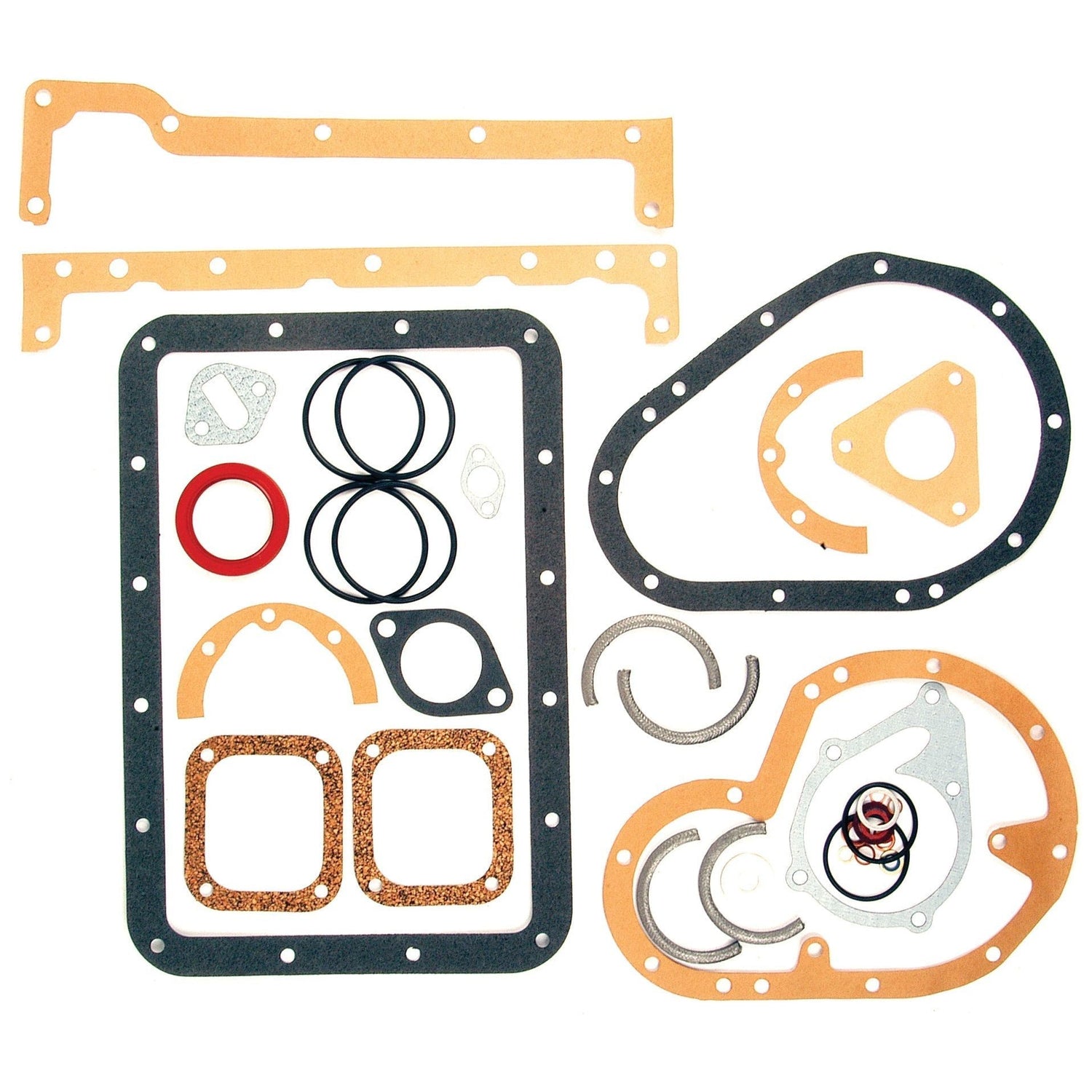 A meticulously arranged bottom gasket set for the David Brown Engine 3 Cyl. (AD3.55, AD3.49), featuring an assortment of gaskets and seals in black, red, and cork materials on a white background. This Sparex Bottom Gasket Set (Part No.S.57559) guarantees a precise fit and dependable performance for your engine needs.