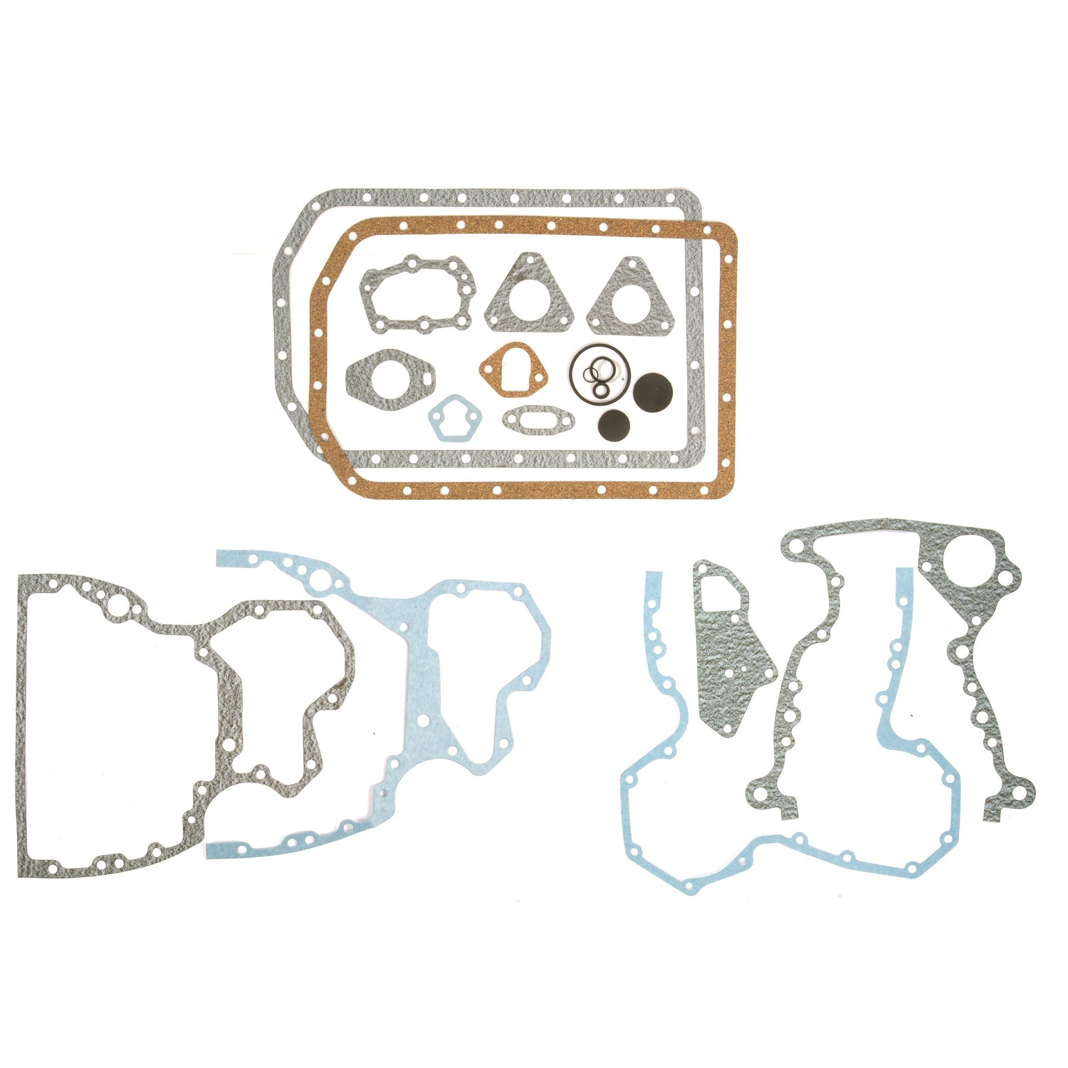 A pristine white background showcases the Bottom Gasket Set - 3 Cyl. (JD 3.179D), Sparex Part No.S.58848 by Sparex, featuring an array of engine gaskets in various shapes and sizes, including rectangular, triangular, and ring-shaped types specifically designed for a John Deere 3 Cyl. Engine.