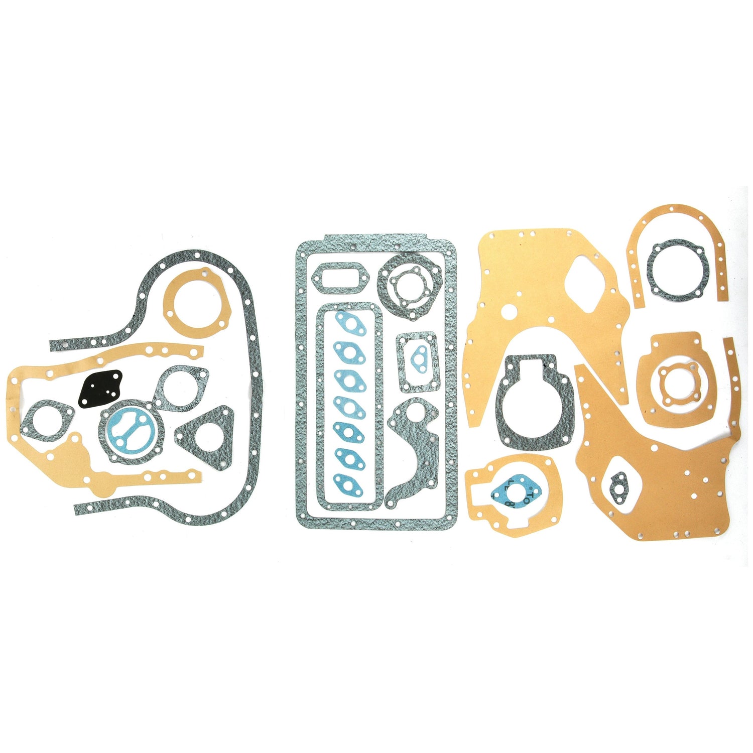 Assorted engine gaskets of various shapes and sizes, including the *Bottom Gasket Set - 3 Cyl. (Sparex Part No. S.52606)*, laid out on a white background. Manufactured by Sparex for quality you can trust.