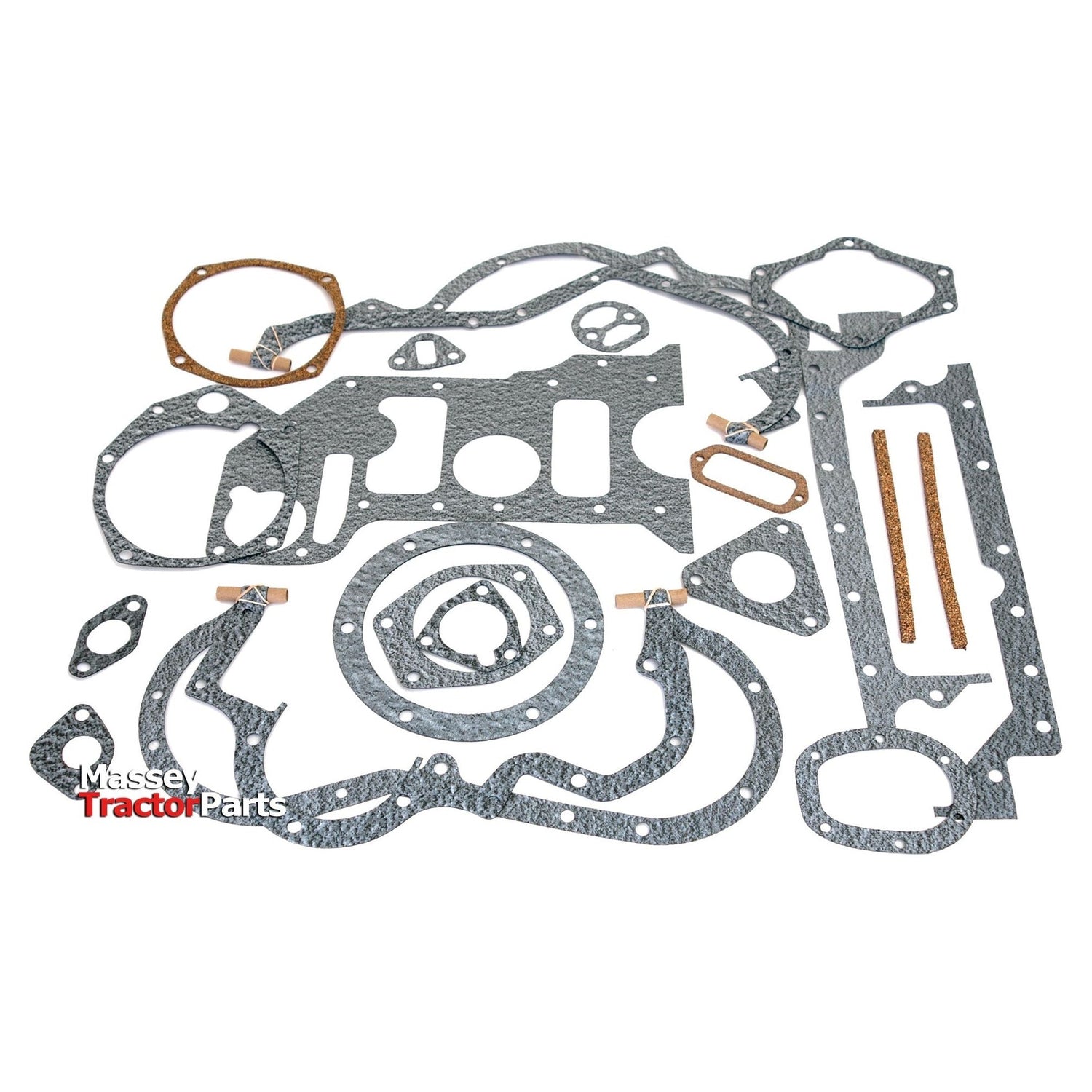 Displayed on a white background is the Bottom Gasket Set - 3 Cyl. by Sparex (Sparex Part No.S.66827), featuring a variety of gray gaskets in different shapes and sizes, along with a brown gasket. The text "Massey Tractor Parts" in the bottom left corner emphasizes that these components are ideal for Ford New Holland 3 Cylinder engines.