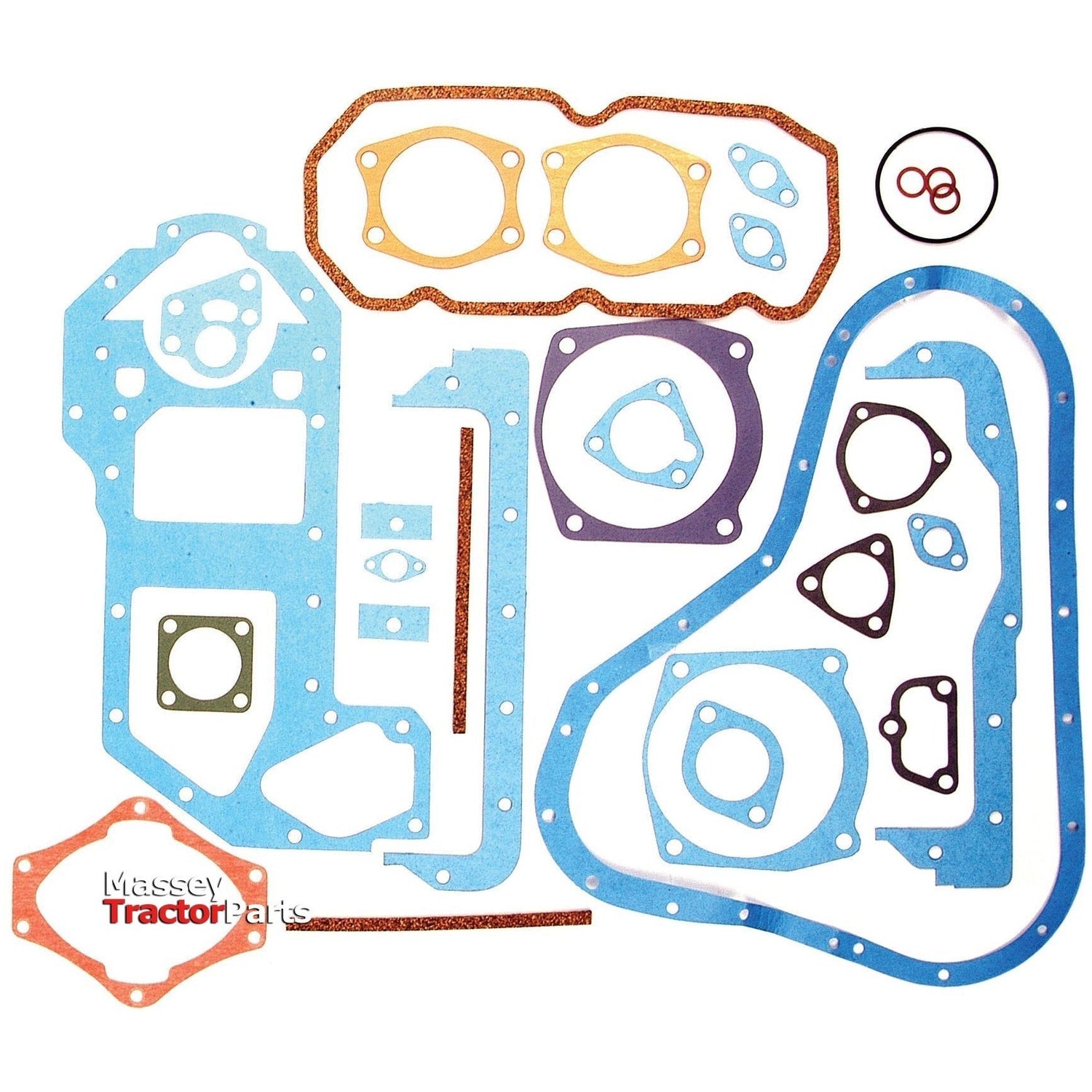 A variety of colorful gasket and seal parts, including a Bottom Gasket Set - 3 Cyl. (Sparex Part No. S.67185), arranged on a white background with the Sparex logo in the bottom left corner.