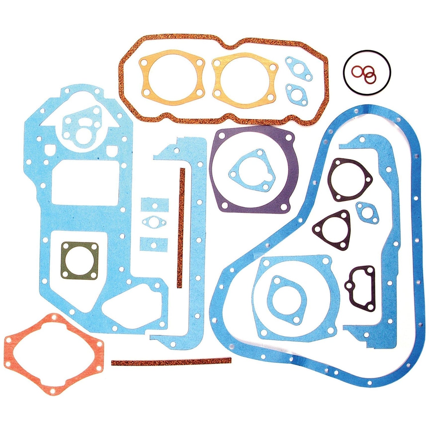 A Bottom Gasket Set for a 3 cylinder Massey Ferguson, featuring variously shaped and sized automotive gaskets in blue, brown, red, and black colors, arranged on a white background. The product is named Bottom Gasket Set - 3 Cyl., with Sparex Part No. S.67185 from the brand Sparex.