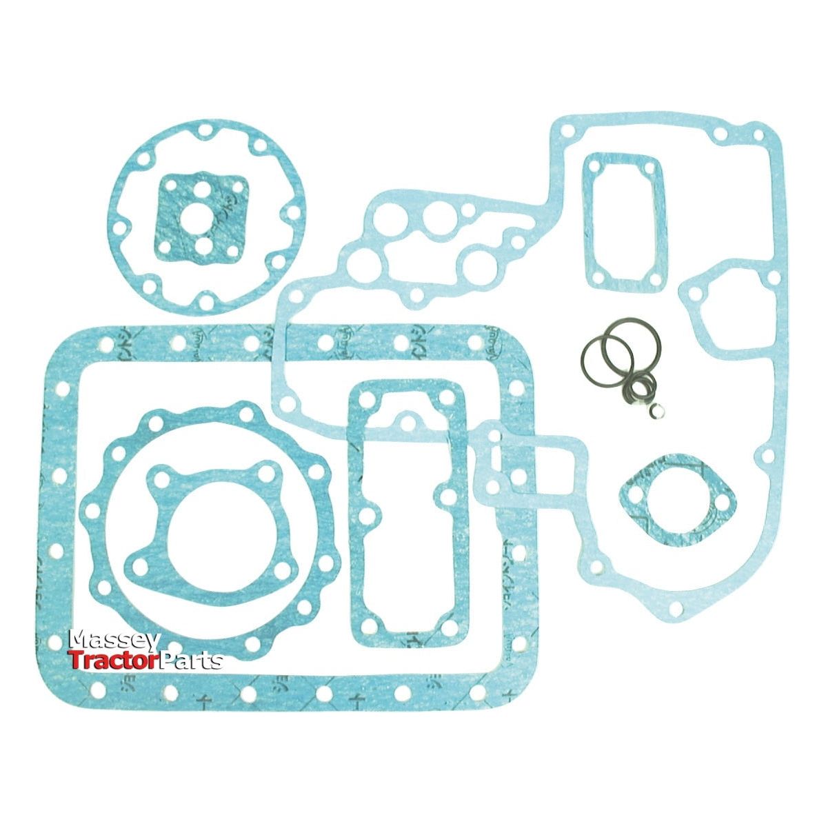 The Sparex Bottom Gasket Set - 3 Cyl. (Sparex Part No. S.71907) contains assorted blue gaskets with holes in various shapes and sizes, ideal for 3-cylinder tractor parts, featuring "Massey Tractor Parts" text.