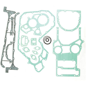 The Sparex Bottom Gasket Set - 4 Cyl. (1004.40T, 1004.41), Sparex Part No.S.43271, laid out on a white background includes various shapes and sizes of gaskets made from premium gasket material and a metal O-ring, perfectly suited for Perkins Engine or Massey Ferguson applications.