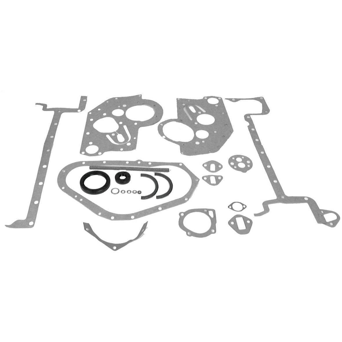 A collection of various engine gaskets and seals, including the Sparex Bottom Gasket Set - 4 Cyl. (200) with Sparex Part No. S.66385, arranged on a white background.