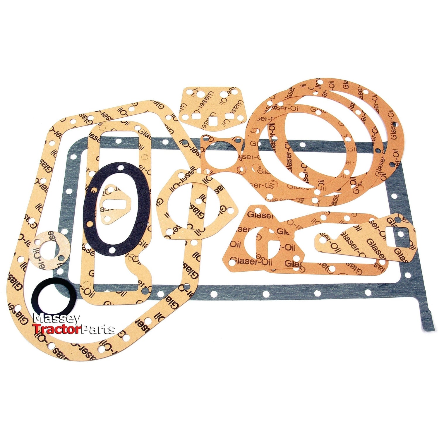 A collection of variously shaped gaskets arranged on a white background, including circular, rectangular, and irregular forms. The Sparex-branded Bottom Gasket Set - 4 Cyl. (23C, A3.152) | Sparex Part No.S.40603 is ideal for Perkins Engine maintenance or as part of a Massey Ferguson sump kit.