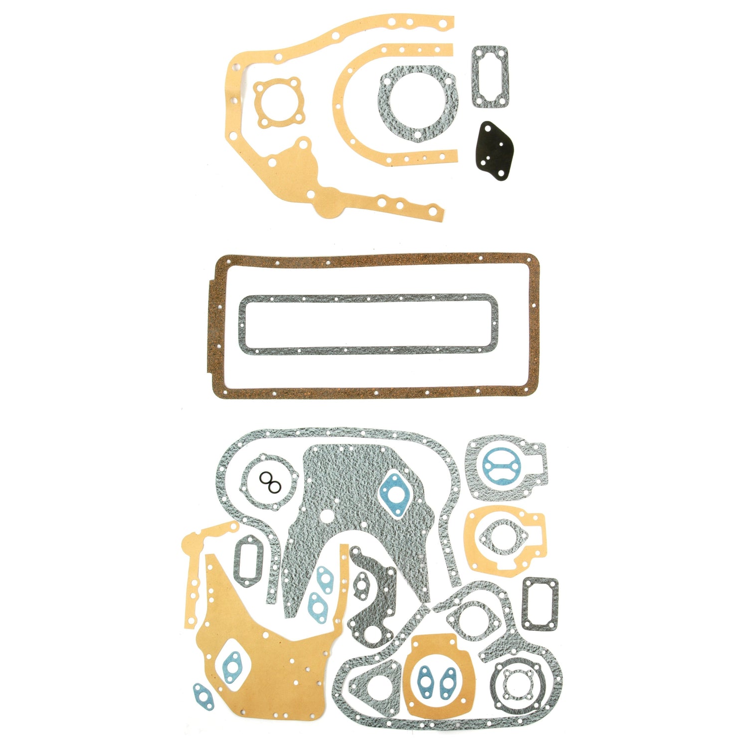 A range of engine gaskets, including the Sparex Bottom Gasket Set for Leyland 4 Cyl. engines (models 4/98DT, 38VD, 4/98NT, and 4/98TT), is arranged in various shapes and sizes on a white background.