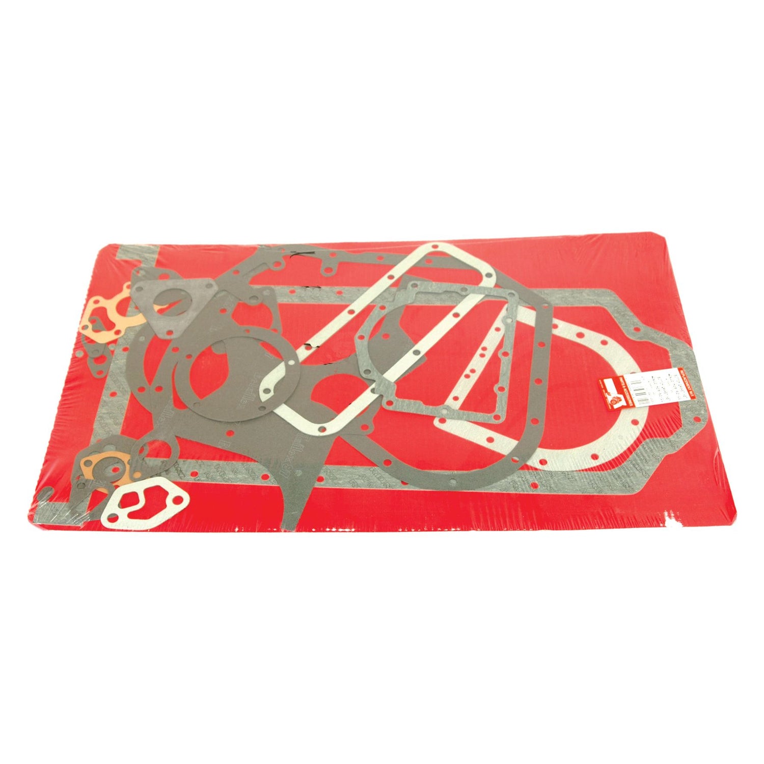 Packaged set of various automotive gaskets for a Perkins engine on a red background, featuring the Bottom Gasket Set - 4 Cyl. (A4.318, A4.318.2) by Sparex (Part No. S.40612).