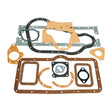 A Sparex Bottom Gasket Set for a David Brown Engine (4 Cyl. AD4.49), featuring gaskets made from materials such as rubber and cork, laid out on a white background.