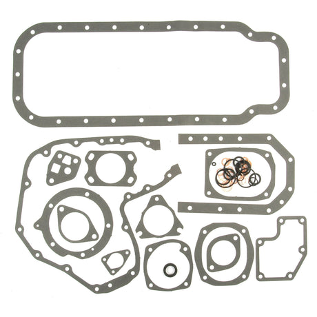 A Sparex Bottom Gasket Set - 4 Cyl. (MWM/D226.4), including variously shaped gray gaskets, O-rings, and seals for a 4 Cylinder Engine, arranged on a white background.