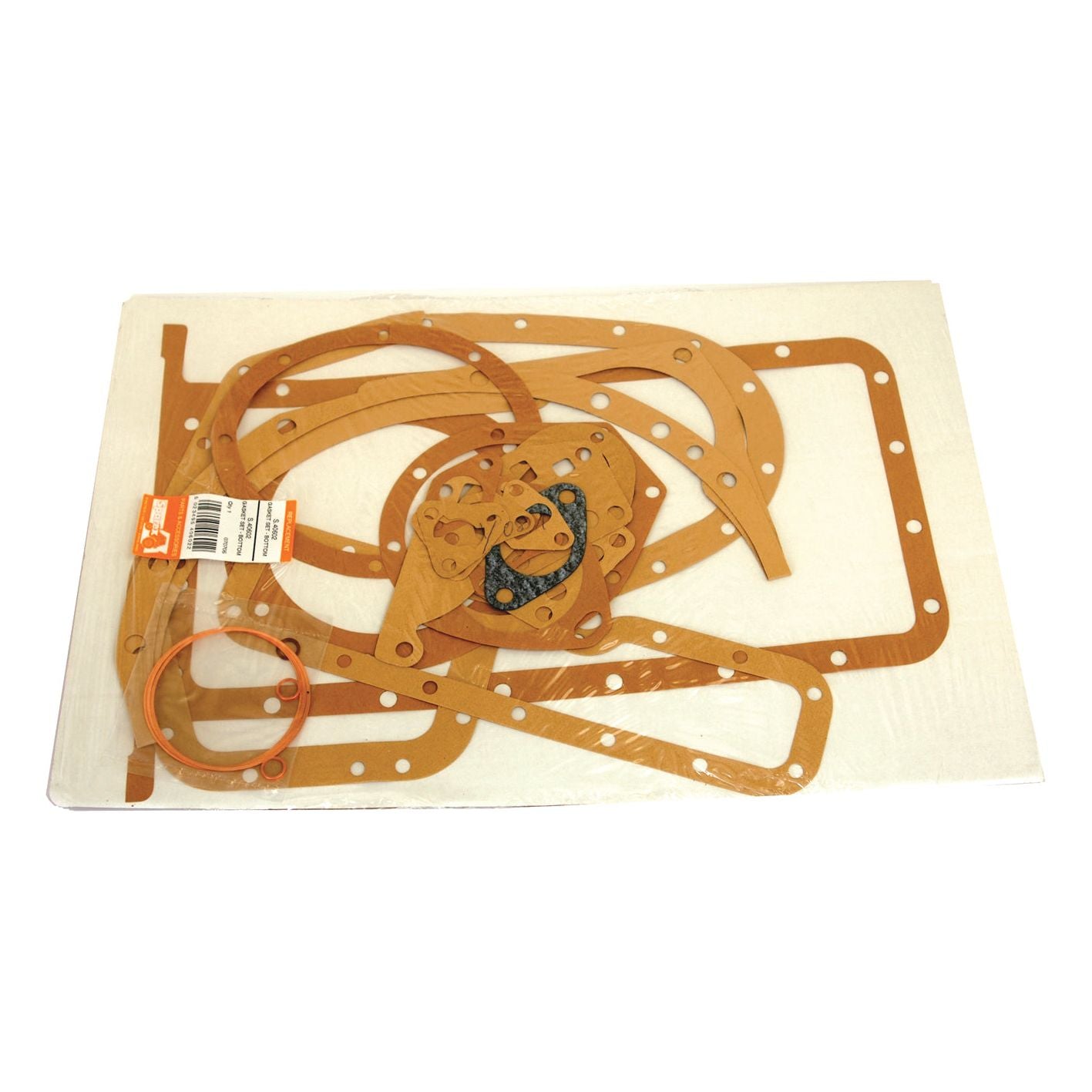 A set of assorted orange and brown gaskets, including a Bottom Gasket Set for a Massey Ferguson 4 Cyl, is pictured on a white background, still in packaging with the labeled tag "Sparex Part No.S.40602" attached.