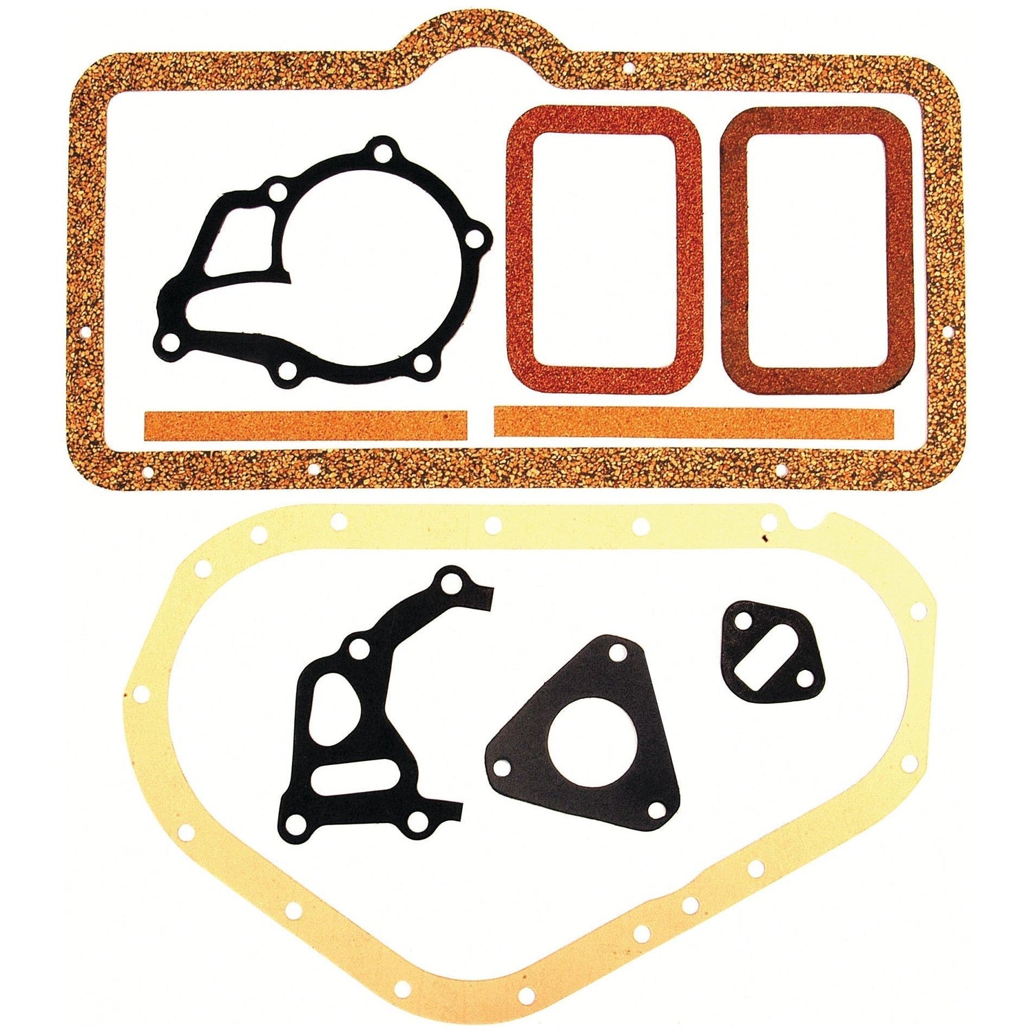 Assorted gaskets of various shapes and sizes, including a Bottom Gasket Set for a 4-cylinder David Brown engine (Sparex Part No. S.57424), laid out on a white background.

