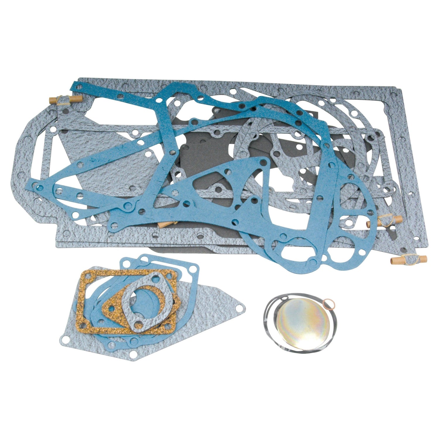 A collection of varied gaskets in different shapes and sizes, made of blue and grey material, including some designed for Case IH machinery, arranged on a white background. The set includes the Bottom Gasket Set - 4 Cyl., available under the Sparex brand with part number S.57690.