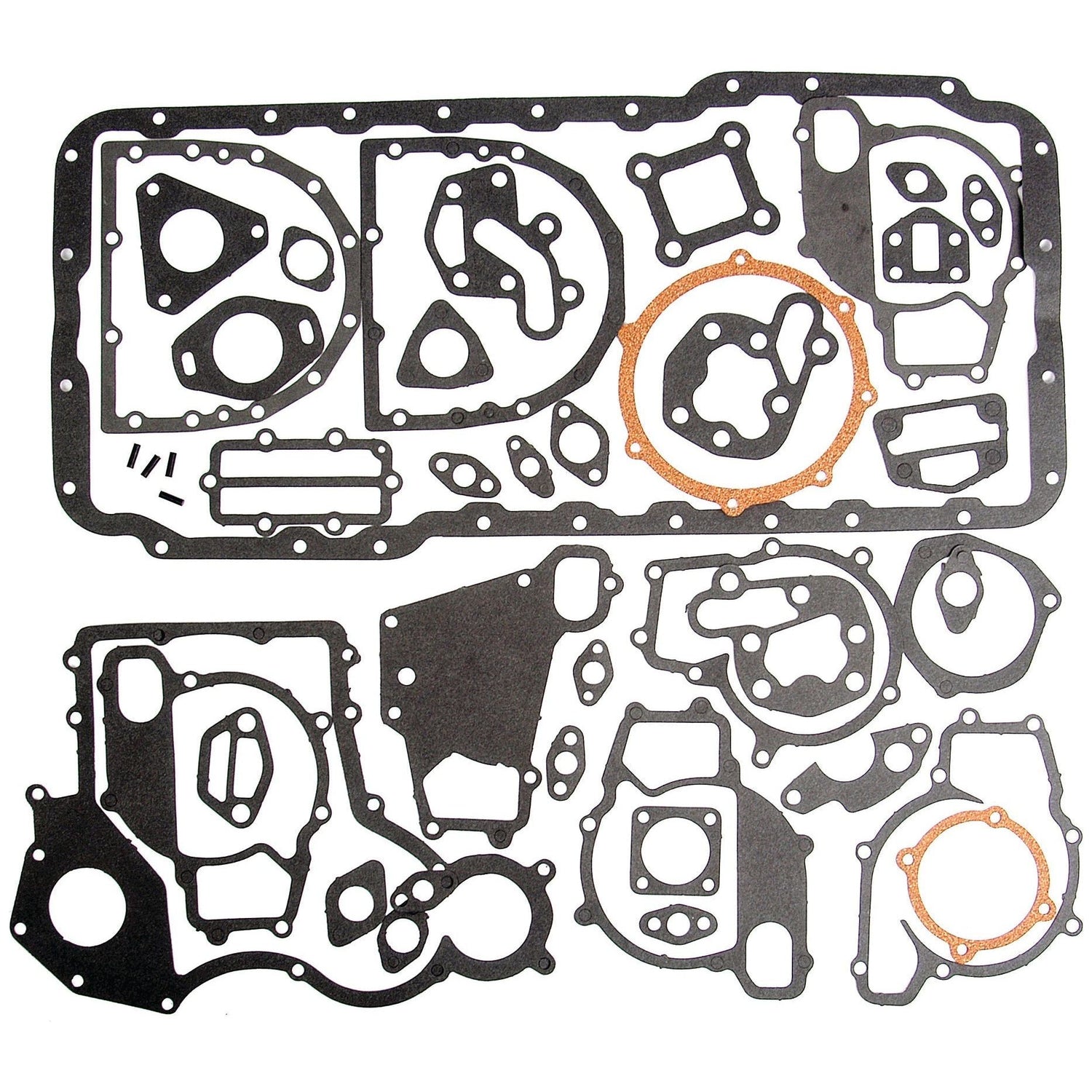 The Sparex Bottom Gasket Set - 6 Cyl. (compatible with A4.236, A6.354, A6.354.1, A6.354.4, AT4.236, AT6.354, AT6.354.1, AT6.354.4, T6.354 and T6.§54) is arranged on a white background and includes an assortment of gaskets in various shapes and sizes; some are circular while others are irregularly shaped with copper-colored borders visible on a few pieces.

