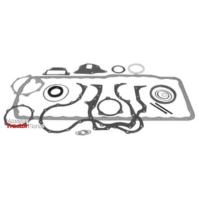 A comprehensive Bottom Gasket Set for 6-cylinder engines, compatible with BSD666, BSD666T, BSD666TI, PowerStar 6.6, PowerStar 7.5, and PowerStar 7.5T models is displayed. This Sparex Part No.S.66310 includes various gaskets and seals of different shapes and sizes suitable for a PowerStar or tractor engine, with the Massey Tractor Parts logo featured in the bottom left corner.
