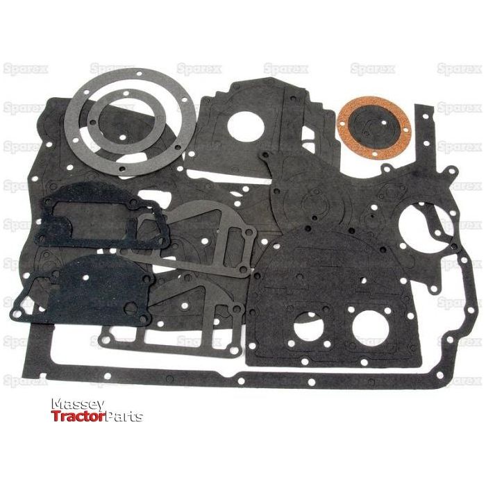 A collection of black gaskets for Perkins Engine, asbestos-free and in various shapes and sizes, showcased against a white background with "Massey Tractor Parts" text in the bottom-left corner. The product featured is the Bottom Gasket Set - 4 Cyl. (AD4.203, A4.212, A4.236, AT4.236, A4.248) from Sparex (Sparex Part No.S.40610).