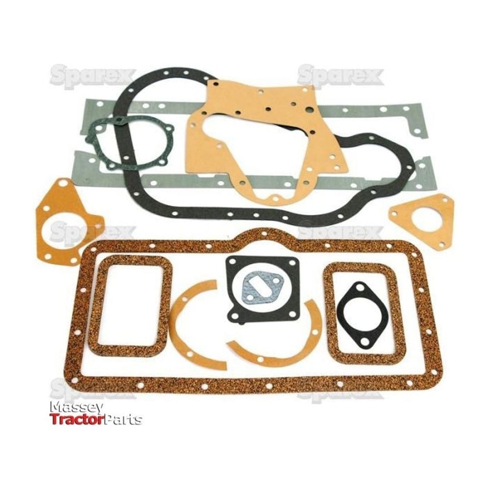 A set of assorted tractor gaskets in various shapes and sizes, arranged on a white background. Branded "Sparex," this collection includes the Bottom Gasket Set - 4 Cyl. (AD4.49), Sparex Part No.S.56936, which fits an AD4.49 David Brown Engine.