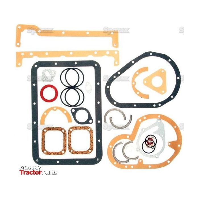 An assortment of gaskets and seals, including rubber rings, paper gaskets, and metal seals, is arranged on a white background. The set is labeled "Sparex Bottom Gasket Set - 3 Cyl. (AD3.55, AD3.49)," with the part number S.57559 and is designed for use with Massey Tractors featuring a David Brown Engine.