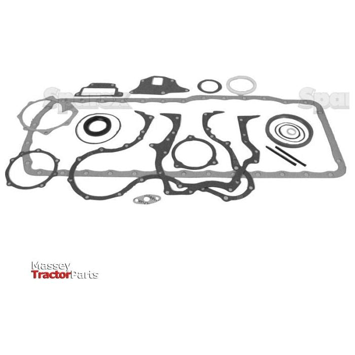 A Bottom Gasket Set for a 6-cylinder Massey Ferguson engine (models BSD666, BSD666T, BSD666TI, PowerStar 6.6, PowerStar 7.5, and PowerStar 7.5T), featuring the Sparex Part No. S.66310 and displayed on a white background with the Massey Tractor Parts logo in the lower left corner.