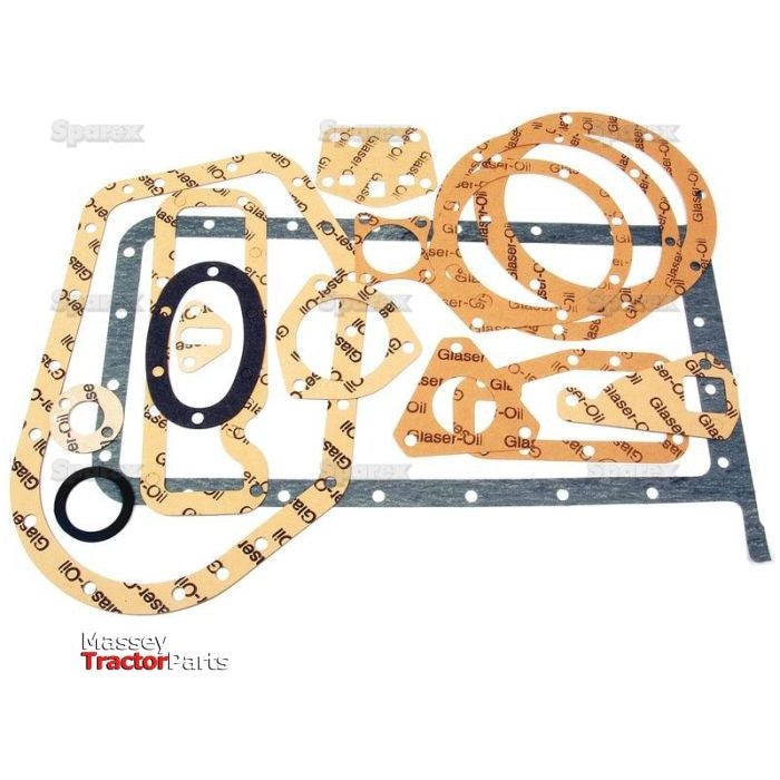 A collection of various gaskets in different shapes and sizes, used for sealing purposes, laid out on a white surface. The gaskets are branded with "Sparex" and labeled as Bottom Gasket Set - 4 Cyl. (23C, A3.152) | Sparex Part No.S.40603, including components suitable for Perkins Engine repairs or as part of a Sump Kit.
