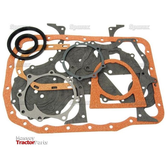A variety of tractor engine gaskets, including circular and rectangular shapes in black and orange materials, laid out on a white surface. The brand name "Sparex" is visible, along with options for Ford Engine Model 3 Cyl. engines such as 32D, BSD326, BSD329, BSD332, BSD333, BSD666, and PowerStar 7.5 under Sparex Part No.S.65299.
