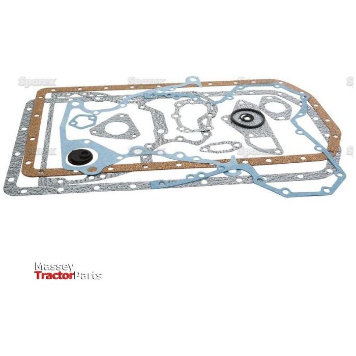 Bottom Gasket Set - 4 Cyl. (4.219D, 4.239D, 4.239T, 4.039D, 4.039T) by Sparex is laid out on a white background showcasing multiple shapes and sizes of gaskets. The "Massey Tractor Parts" logo appears in the bottom left corner alongside the Sparex logo, emphasizing the quality engine parts provided by Sparex Part No.S.58849.
