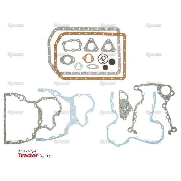 Various shapes and sizes of gaskets, suitable for a 3 Cyl. Engine, are arranged and labeled as Bottom Gasket Set - 3 Cyl. (JD 3.179D) under the Sparex brand, Sparex Part No.S.58848, ideal for use as Massey Tractor Parts.