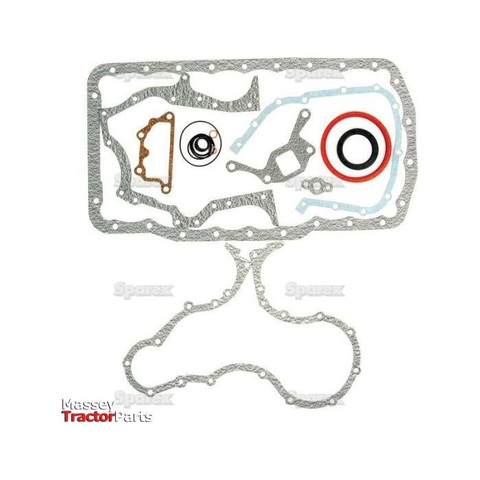 An assortment of various gaskets is displayed on a white background, showcasing different shapes and sizes designed for tractor parts. This includes a Bottom Gasket Set suitable for Ford Engine models such as PowerStar 4.4, PowerStar 5, and PowerStar 5.0T (Sparex Part No.S.66545). The words "Massey Sparex Tractor Parts" appear at the bottom left corner of the image.
