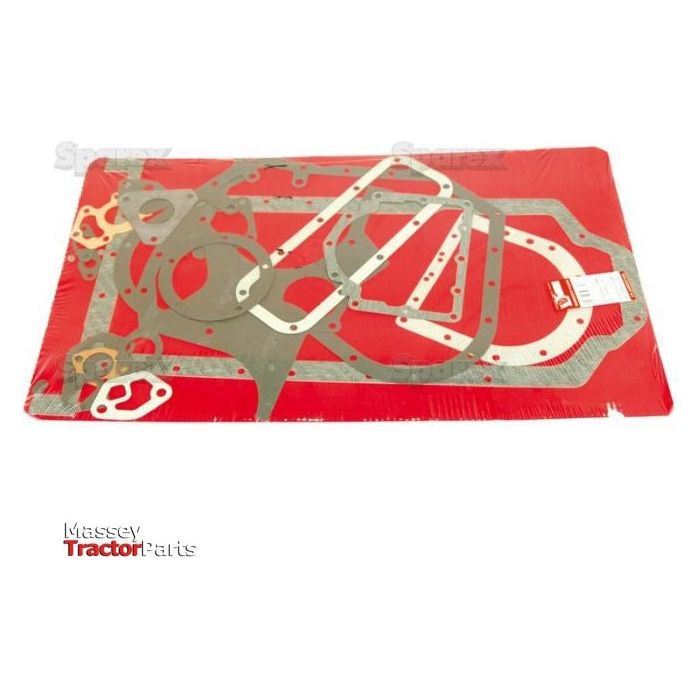 A set of machinery gaskets in various shapes and sizes is displayed on a red background with the text "Sparex Bottom Gasket Set - 4 Cyl. (A4.318, A4.318.2) | Massey Ferguson Tractor Parts for Perkins Engine" in the lower left corner.