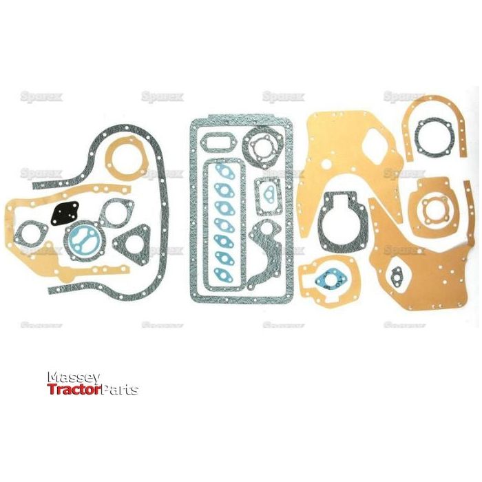 Assorted gaskets of various shapes and sizes, including a Sparex Bottom Gasket Set - 3 Cyl. (Sparex Part No. S.52606), arranged on a white background. These gaskets are specifically designed for Massey Ferguson tractor parts and feature options from the Sparex brand.