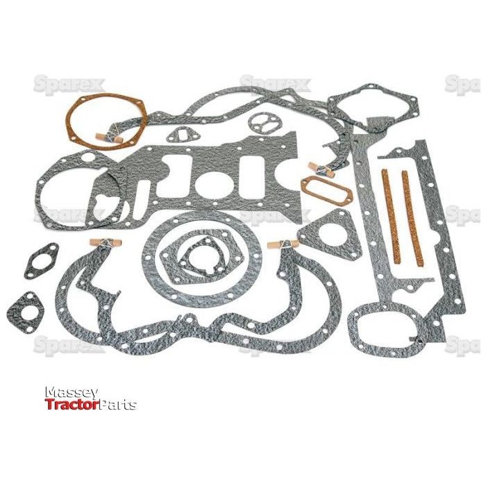 A collection of various gaskets for engine parts, including a Sparex Bottom Gasket Set - 3 Cyl. (Sparex Part No.S.66827), is displayed on a white background. The "Massey Tractor Parts" logo is visible in the bottom left corner.