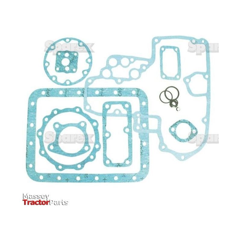 A set of bottom gaskets for a 3-cylinder tractor, displayed on a white background. This assortment by Sparex includes various shapes and sizes with several small metal ring connectors. Text reads "Massey Tractor Parts," referencing Sparex Part No.S.71907.