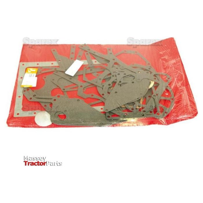 A package of Sparex Bottom Gasket Set - 3 Cyl. (D155, D179), including various gaskets and a sump, laid on a red background and wrapped in plastic.
