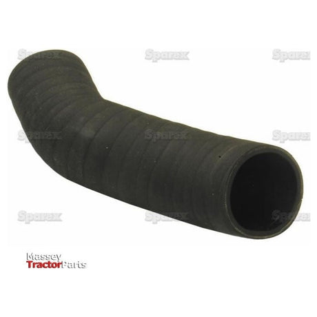 Displayed against a white background, a black corrugated rubber hose bent at approximately 90 degrees is featured alongside the "Massey Tractor Parts" logo and a Sparex hose clip in the bottom left corner. This item is the Bottom Hose with an inner diameter of 56mm on both ends, identified by Sparex Part No. S.56937.