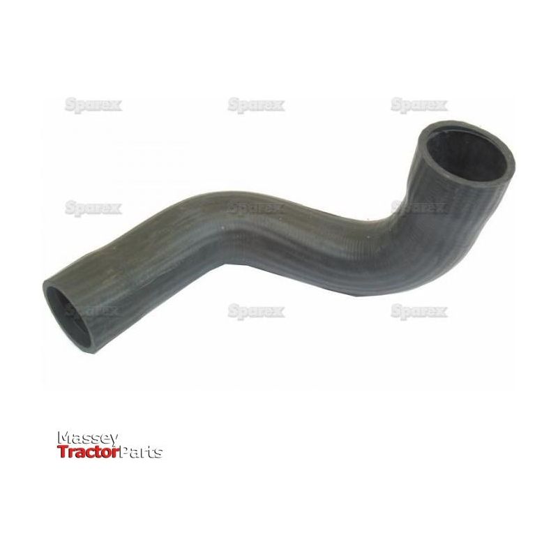 A black, L-shaped rubber hose against a white background with the "Massey Tractor Parts" logo in the lower left corner and subtle "S.72021 Sparex" branding in the background, complemented by a sturdy hose clip.