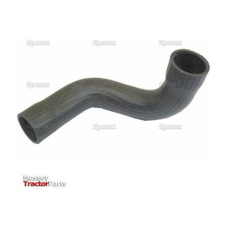 A black, L-shaped rubber hose against a white background with the "Massey Tractor Parts" logo in the lower left corner and subtle "S.72021 Sparex" branding in the background, complemented by a sturdy hose clip.